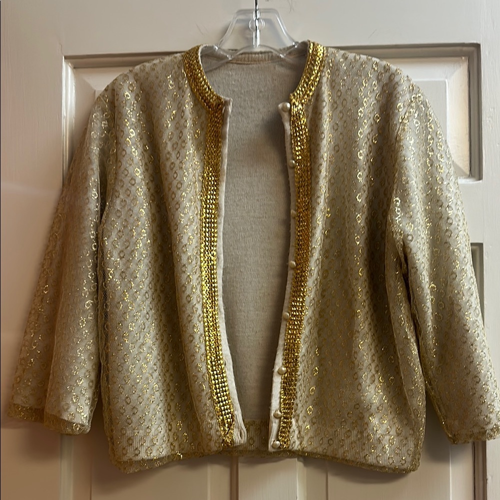 Vintage Gold Embellished Cropped Cardigan with 3/4 sleeves